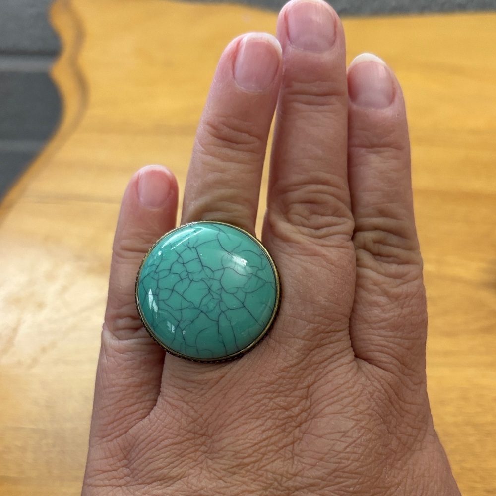 Faux Turquoise and Detailed Brass Vintage Style Ring Bold Statement Size 9.5